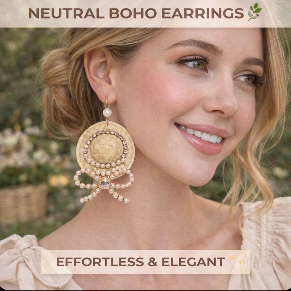 Beige Woven Hat Earrings with Pearl Bow – Neutral Boho Statement Dangles